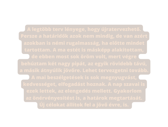 A legtöbb terv lényege hogy újratervezhető Persze a határidők azok nem mindig de van azért azokban is némi rugalmasság ha előtte mindet tartottam A ma estét is másképp alakítottam de ebben most sok öröm volt mert végre behúztam két nagy pipát az egyik rövidebb távú a másik átnyúlik jövőre Lehet tervezgetni tovább A mai beszélgetések is sok megnyugvást kedvességet elfogadást hoznak A nap szavai is ezek lettek az elengedés mellett Gyakorlom az önérvényesítést is a határok megtartását Új célokat állítok fel a jövő évre is