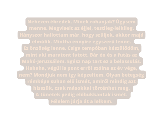 Nehezen ébredek Minek rohanjak Úgysem menne Megviselt az éjjel testileg lelkileg Hányszor hallottam már hogy szüljek akkor majd elmúlik Mintha ennyire egyszerű lenne Ez önzőség lenne Csiga tempóban készülődöm mint aki maratont futott Bár én és a futás az Makó Jeruzsálem Egész nap tart ez a belassulás Hahaha végül is pont erről szólna az év vége nem Mondjuk nem így képzeltem Olyan betegség rémképe suhan elő ismét amiről mindig azt hisszük csak másokkal történhet meg A tünetek pedig előbukkantak ismét Félelem járja át a lelkem