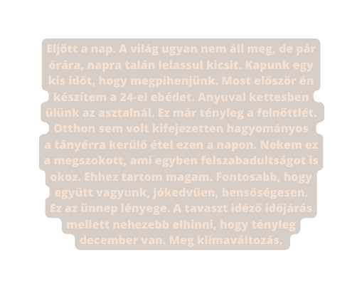 Eljött a nap A világ ugyan nem áll meg de pár órára napra talán lelassul kicsit Kapunk egy kis időt hogy megpihenjünk Most először én készítem a 24 ei ebédet Anyuval kettesben ülünk az asztalnál Ez már tényleg a felnőttlét Otthon sem volt kifejezetten hagyományos a tányérra kerülő étel ezen a napon Nekem ez a megszokott ami egyben felszabadultságot is okoz Ehhez tartom magam Fontosabb hogy együtt vagyunk jókedvűen bensőségesen Ez az ünnep lényege A tavaszt idéző időjárás mellett nehezebb elhinni hogy tényleg december van Meg klímaváltozás