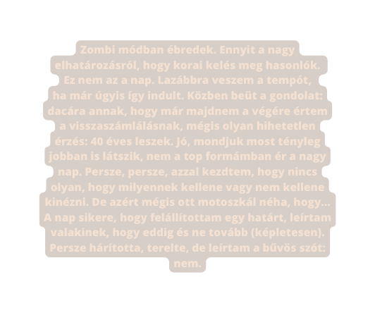 Zombi módban ébredek Ennyit a nagy elhatározásról hogy korai kelés meg hasonlók Ez nem az a nap Lazábbra veszem a tempót ha már úgyis így indult Közben beüt a gondolat dacára annak hogy már majdnem a végére értem a visszaszámlálásnak mégis olyan hihetetlen érzés 40 éves leszek Jó mondjuk most tényleg jobban is látszik nem a top formámban ér a nagy nap Persze persze azzal kezdtem hogy nincs olyan hogy milyennek kellene vagy nem kellene kinézni De azért mégis ott motoszkál néha hogy A nap sikere hogy felállítottam egy határt leírtam valakinek hogy eddig és ne tovább képletesen Persze hárította terelte de leírtam a bűvös szót nem