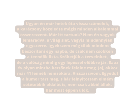 Ugyan én már hetek óta visszaszámolok a karácsony közeledte mégis minden alkalommal összerezzent Már itt tartunk Nem én vagyok lemaradva a világ siet vagyis mindannyian egyszerre Igyekszem még több mindent beszorítani egy napba de csak nem csökken a teendők lista Szőhetjük a terveinket de a valóság mindig egy lépéssel előbbre jár Ez az év olyan mintha kettőnek felelne meg Jaj akkor már 41 lennék nemsokára Visszaszívom Egyedül a humor tart meg s bár felnyitottam elmém sötétebbik oldalát is nem csak abból állok Bár most éppen ülök