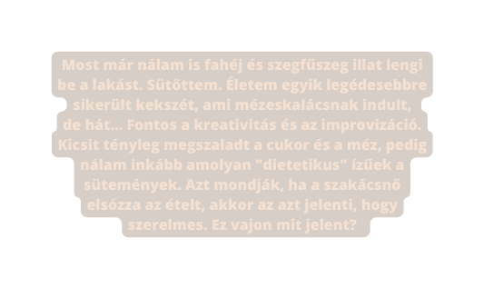 Most már nálam is fahéj és szegfűszeg illat lengi be a lakást Sütöttem Életem egyik legédesebbre sikerült kekszét ami mézeskalácsnak indult de hát Fontos a kreativitás és az improvizáció Kicsit tényleg megszaladt a cukor és a méz pedig nálam inkább amolyan dietetikus ízűek a sütemények Azt mondják ha a szakácsnő elsózza az ételt akkor az azt jelenti hogy szerelmes Ez vajon mit jelent