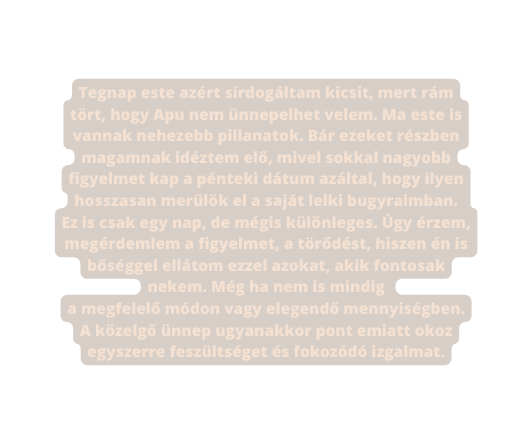 Tegnap este azért sírdogáltam kicsit mert rám tört hogy Apu nem ünnepelhet velem Ma este is vannak nehezebb pillanatok Bár ezeket részben magamnak idéztem elő mivel sokkal nagyobb figyelmet kap a pénteki dátum azáltal hogy ilyen hosszasan merülök el a saját lelki bugyraimban Ez is csak egy nap de mégis különleges Úgy érzem megérdemlem a figyelmet a törődést hiszen én is bőséggel ellátom ezzel azokat akik fontosak nekem Még ha nem is mindig a megfelelő módon vagy elegendő mennyiségben A közelgő ünnep ugyanakkor pont emiatt okoz egyszerre feszültséget és fokozódó izgalmat