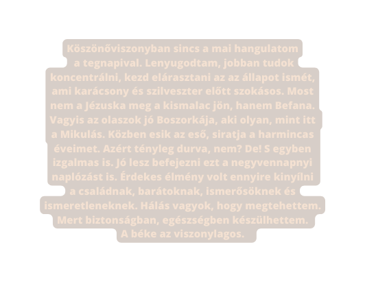 Köszönőviszonyban sincs a mai hangulatom a tegnapival Lenyugodtam jobban tudok koncentrálni kezd elárasztani az az állapot ismét ami karácsony és szilveszter előtt szokásos Most nem a Jézuska meg a kismalac jön hanem Befana Vagyis az olaszok jó Boszorkája aki olyan mint itt a Mikulás Közben esik az eső siratja a harmincas éveimet Azért tényleg durva nem De S egyben izgalmas is Jó lesz befejezni ezt a negyvennapnyi naplózást is Érdekes élmény volt ennyire kinyílni a családnak barátoknak ismerősöknek és ismeretleneknek Hálás vagyok hogy megtehettem Mert biztonságban egészségben készülhettem A béke az viszonylagos